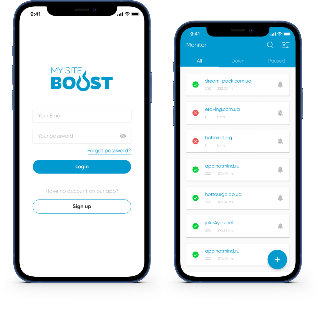 Mobile interface showing website status, performance, and uptime monitoring