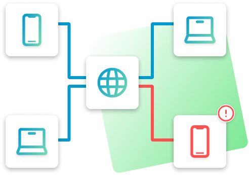 Visual representation of multiple devices connected to the network with an error on one of the connections